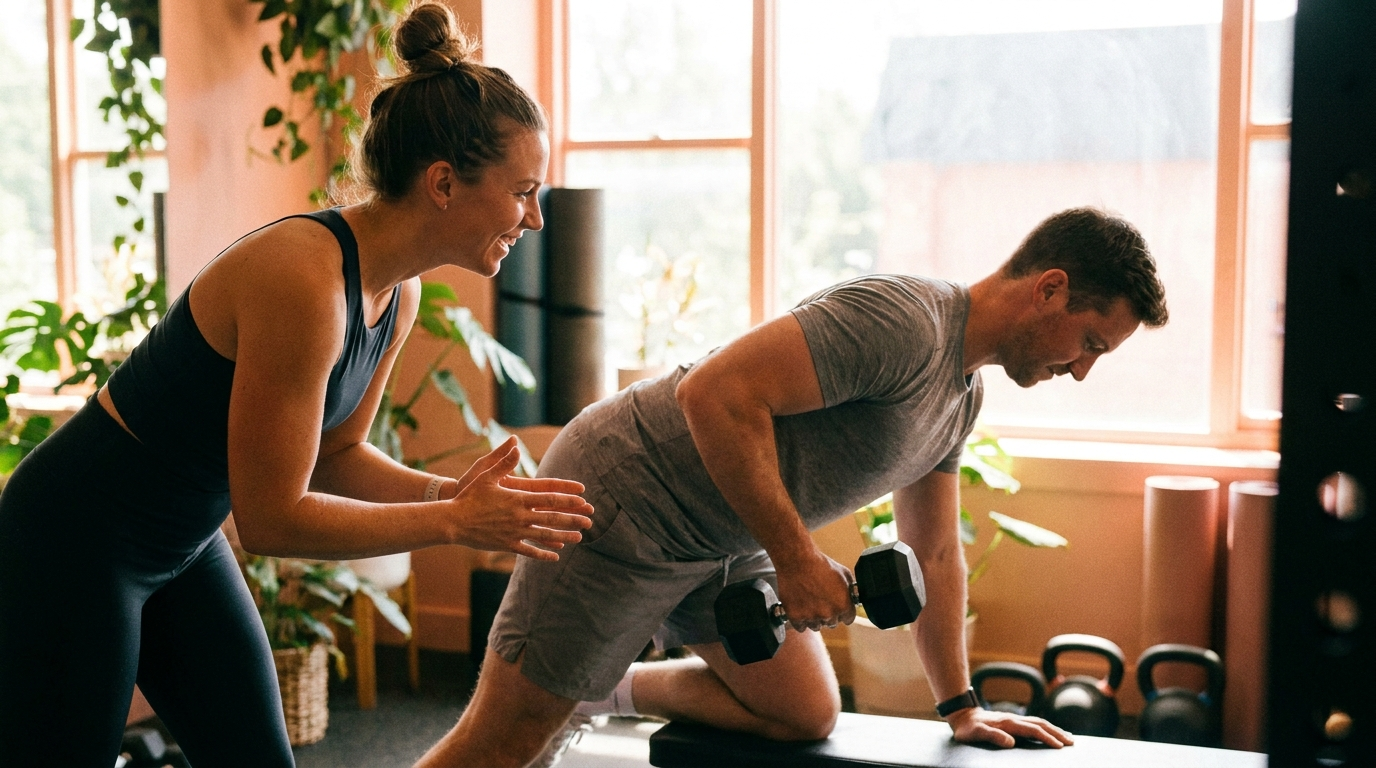 A personal trainer coaching a client through an exercise in a small boutique gym studio