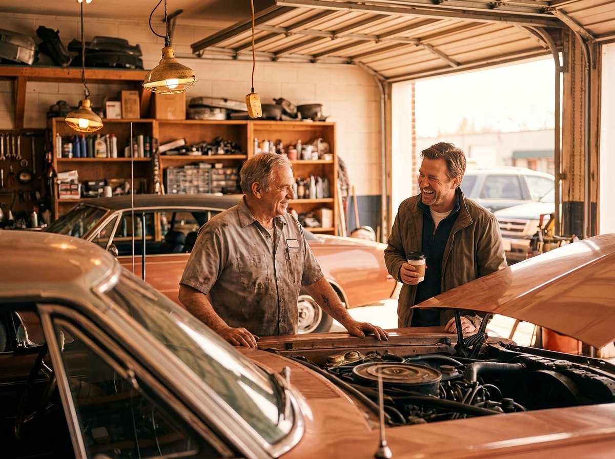 An auto shop owner explaining a repair to a customer next to an open car hood