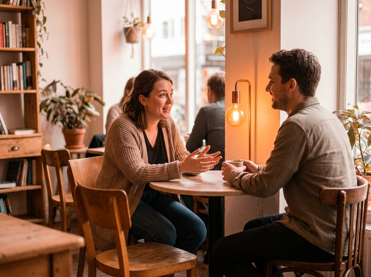 A coach in a genuine one-on-one conversation with a client at a cafe table