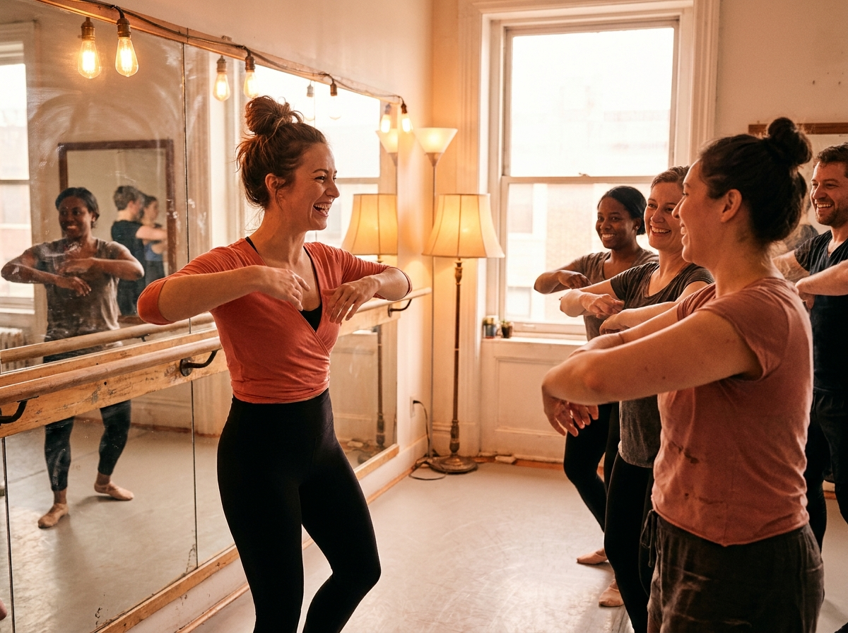 An adult beginner dance class in session at a small dance studio